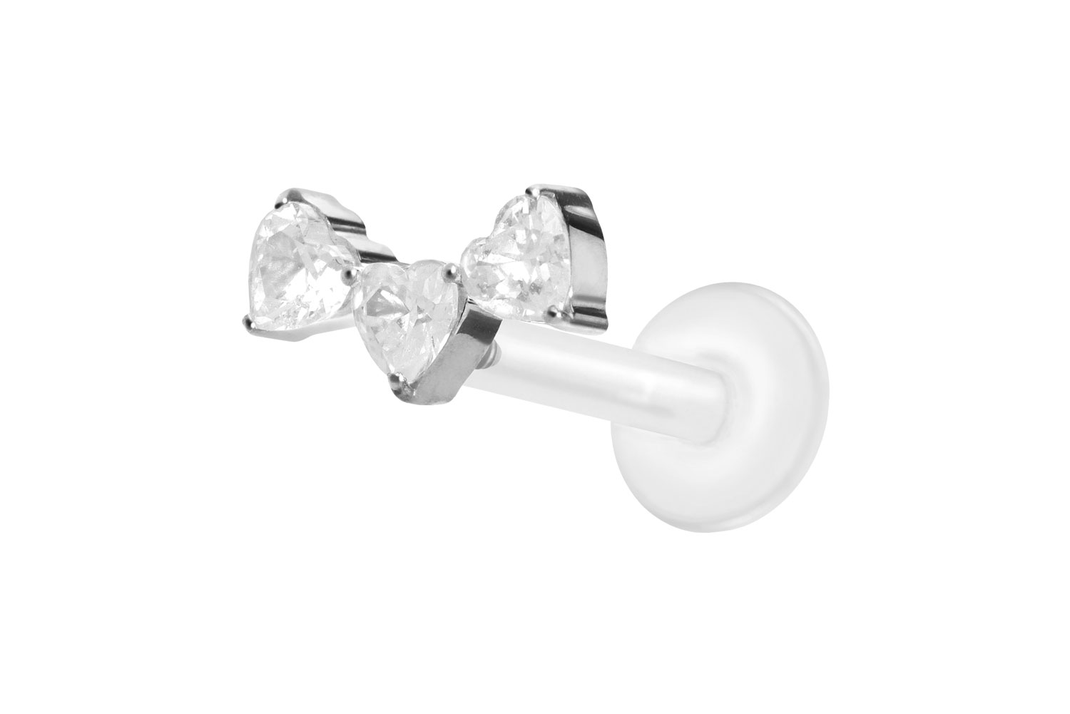 PTFE Labret Piercing mit Innengewinde + Titan-Aufsatz 3 KRISTALLHERZEN